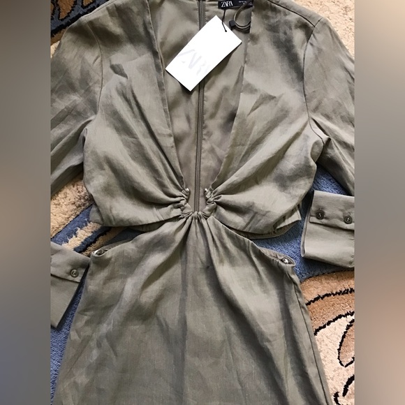 Zara stretchy linen shirt dress, in olive green - Picture 3 of 5